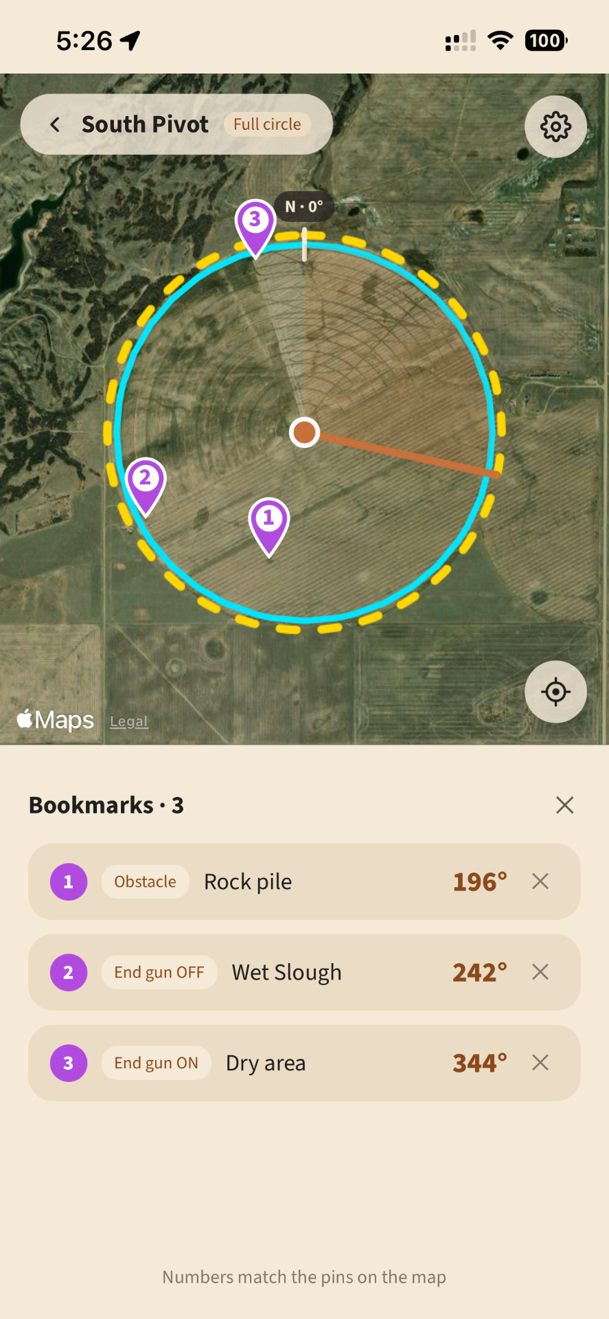 PivotDial bookmarks list showing three saved angles: Rock pile at 196 degrees, Wet Slough end gun off at 242 degrees, and Dry area end gun on at 344 degrees, with matching numbered pins on the map